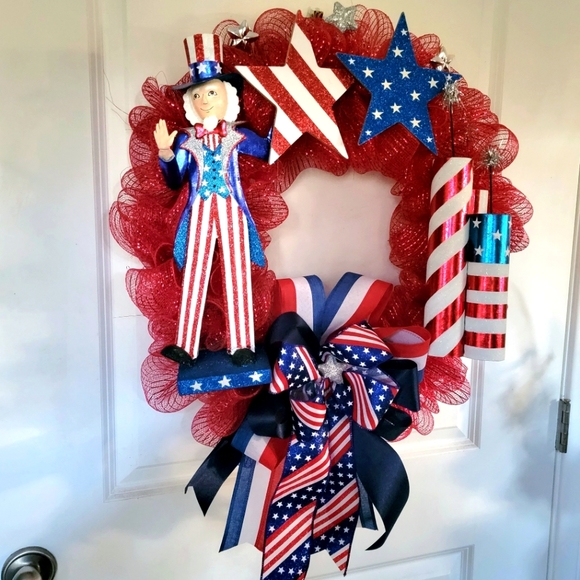 Hand Crafted Other - XL Fourth of July Uncle Sam Firecracker Wreath Deco Mesh Bow Patriotic